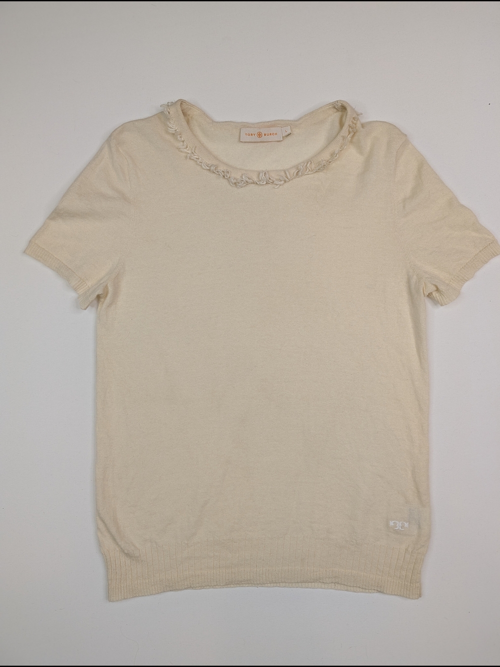 Tory Burch Cream Short Sleeve Ruffle Collar Sweater